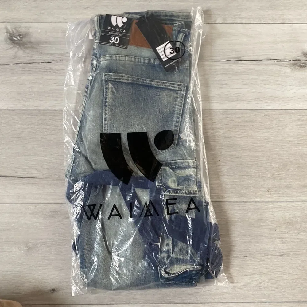 Waimea Blue Wash Denim Stretch Blue Belt Straps Skinny Fit Jeans Mens Size30 nwt